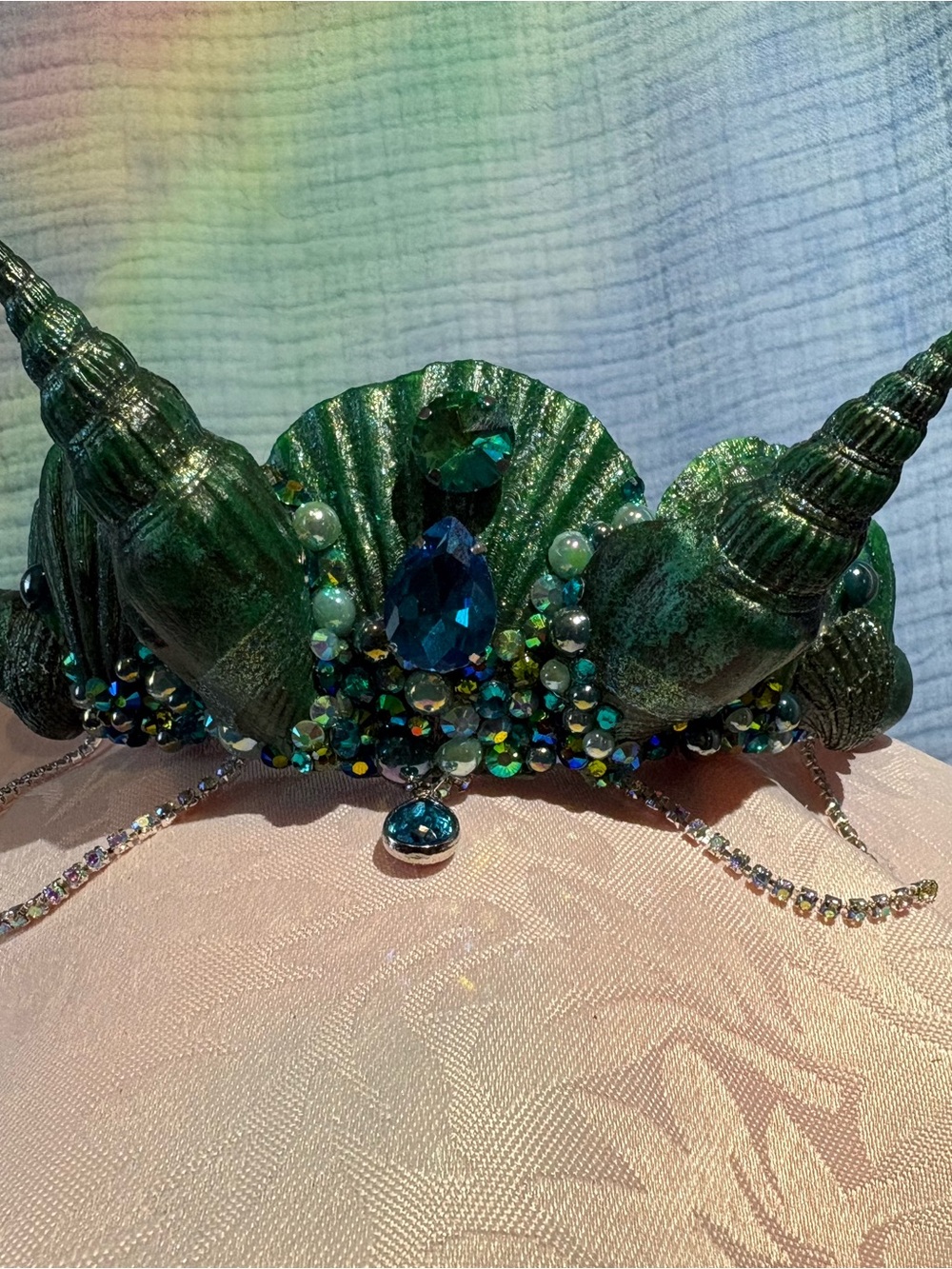 Handcrafted Mermaid Shell Tiara in Emerald Green with Blue Gems